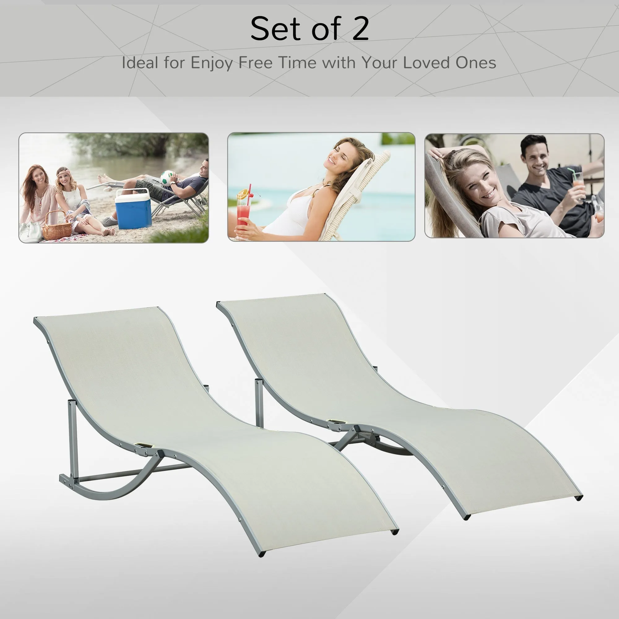 Set of 2 S-shaped Foldable Lounge Chair Sun Lounger Reclining Outdoor Chair for Patio Beach Garden Beige