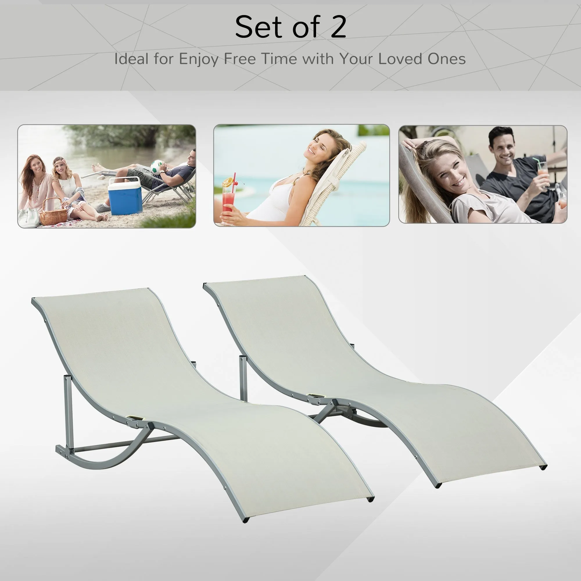 Set of 2 S-shaped Foldable Lounge Chair Sun Lounger Reclining Outdoor Chair for Patio Beach Garden Beige