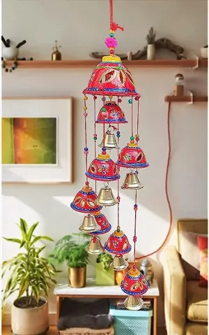 Shivakari Rajasthani Handicraft Hand Painted Wind Chimes Multicolor for Wall Décor and Home Décor, Windchime for Balcony for Positive Energy (7 Bell, Pack of 1) Random Colors