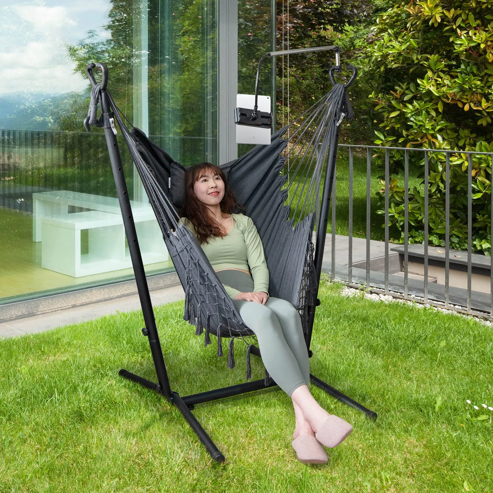 Tangkula Hammock Chair with Stand, Bohemian Style Height Macrame Swing Chair with Stand