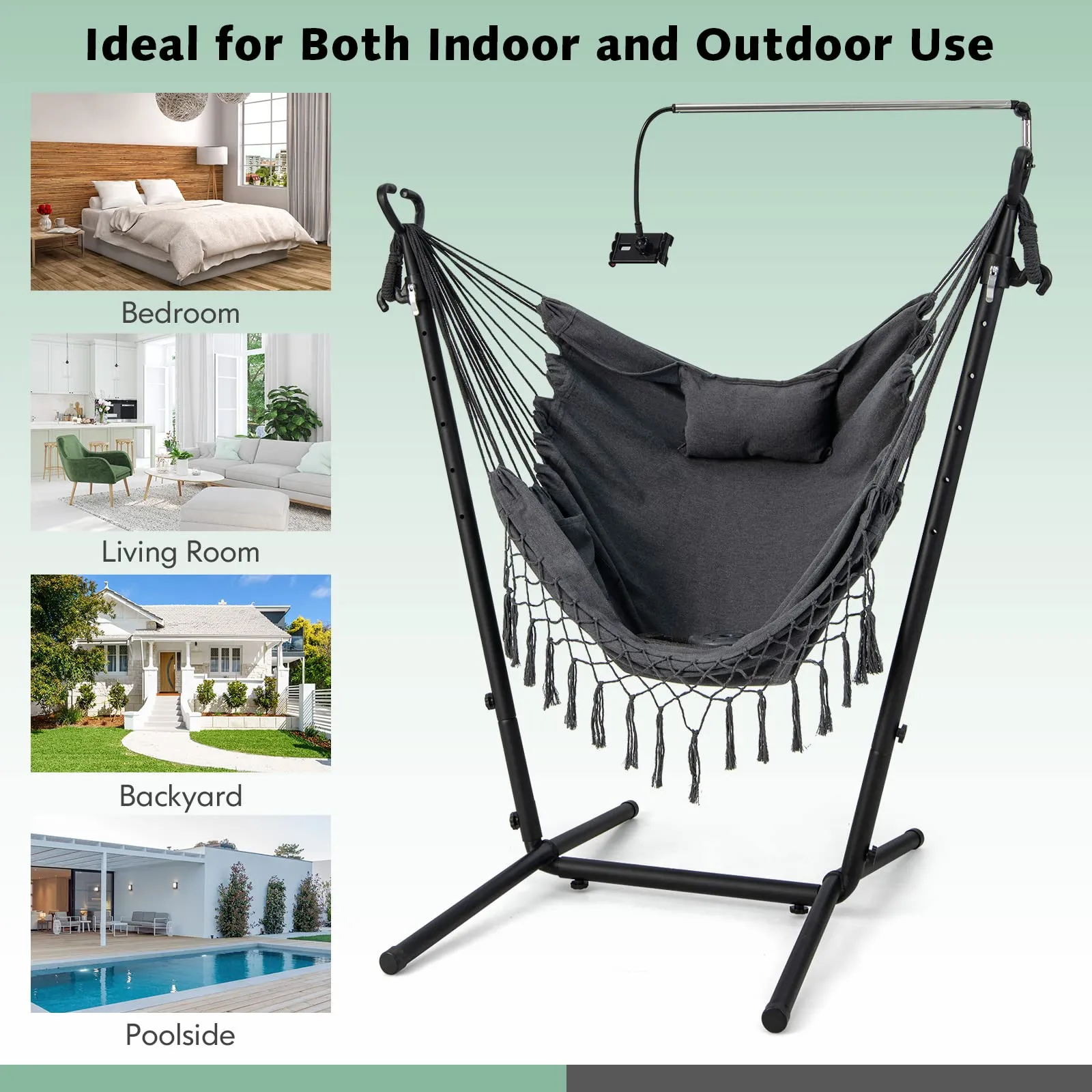 Tangkula Hammock Chair with Stand, Bohemian Style Height Macrame Swing Chair with Stand