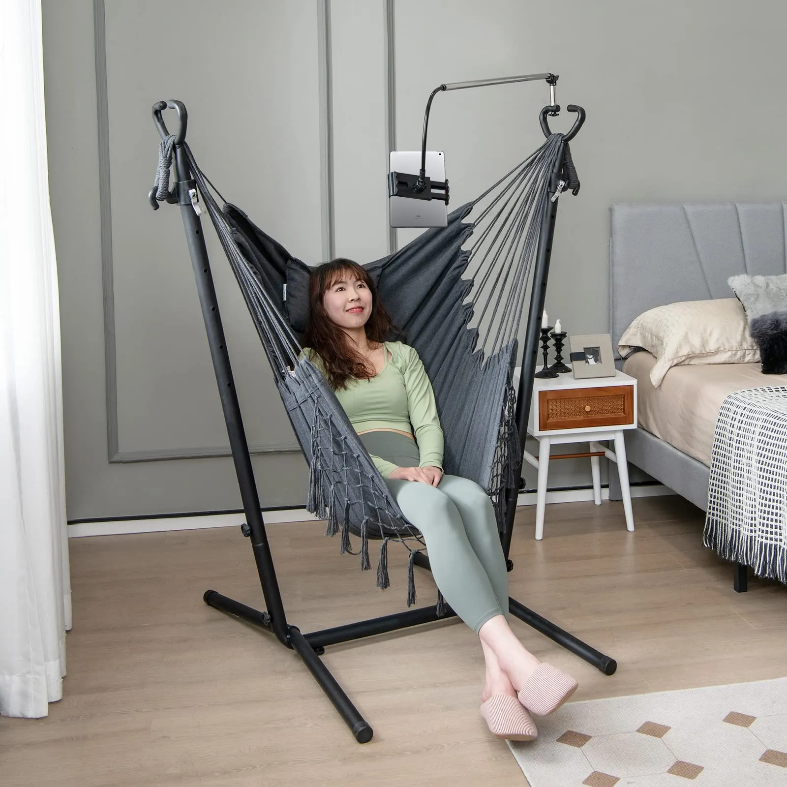 Tangkula Hammock Chair with Stand, Bohemian Style Height Macrame Swing Chair with Stand