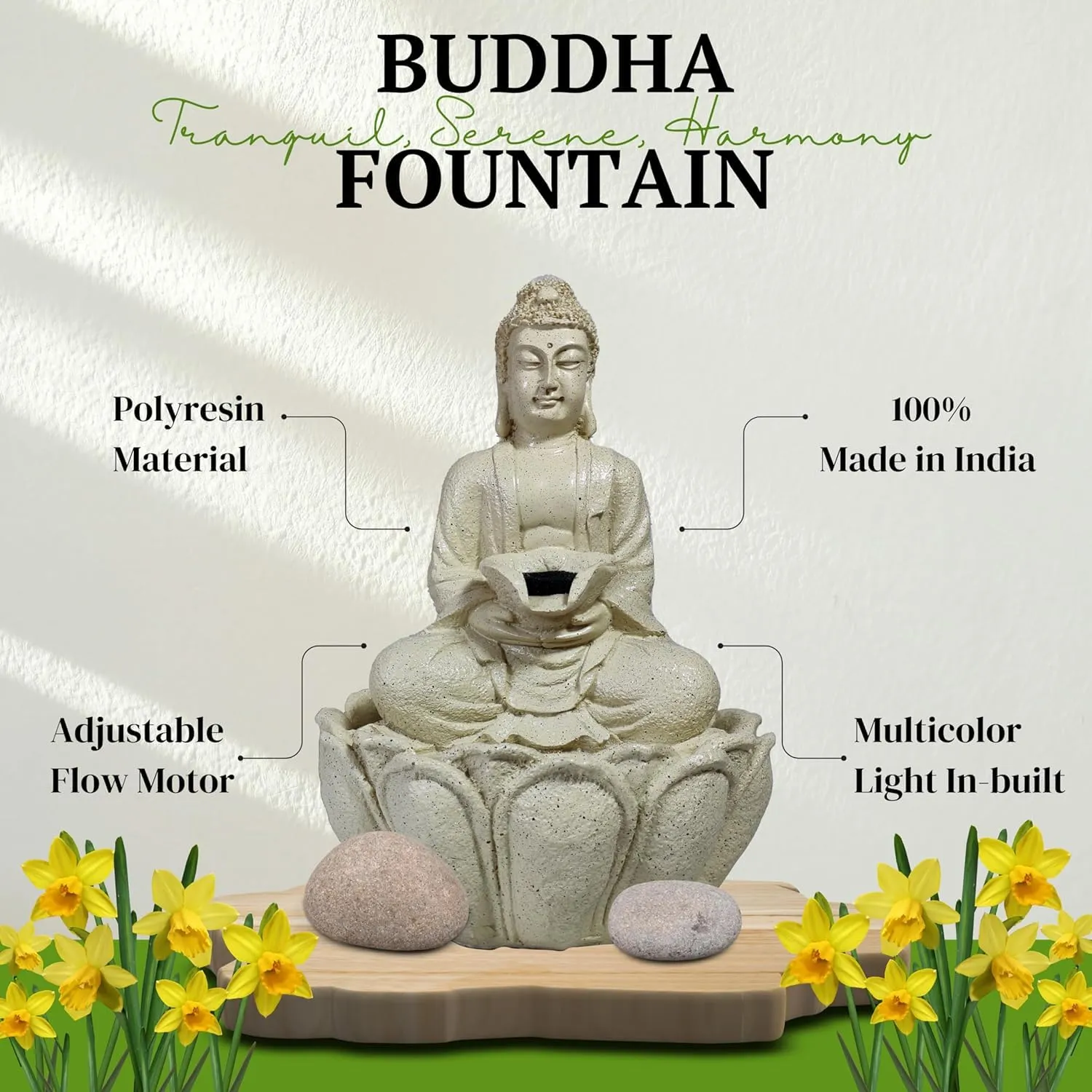 UrbCharm Polyresin Lotus Buddha Water Fountain for Home, Office, Garden (18 X 18 X 30Cm) Decor Items for Living Room | Best Gift for Any Occasion. Vastu Kamal Buddha Water Fountain