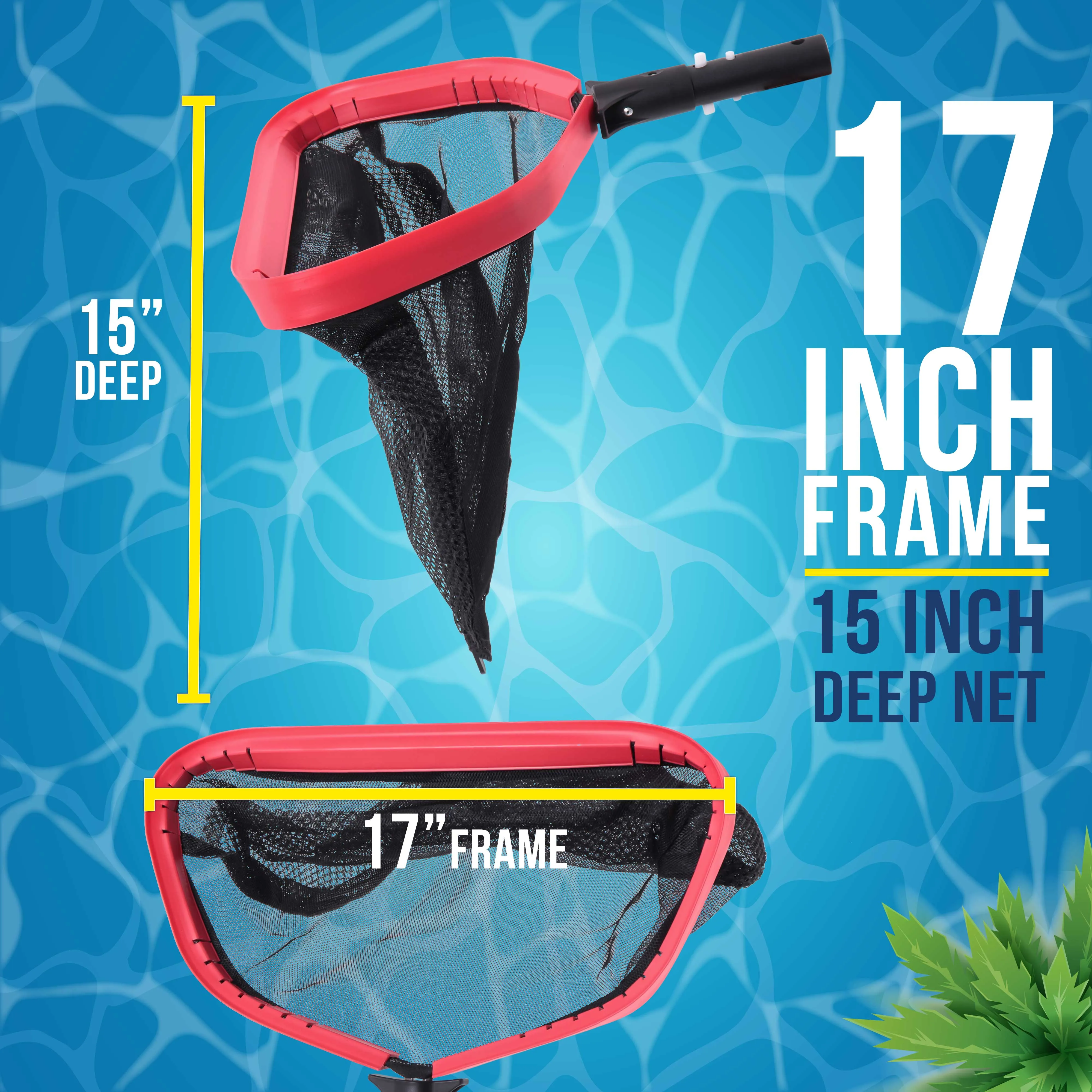 U.S. Pool Supply® Professional Heavy Duty 17" Swimming Pool Leaf Skimmer Rake with Deep Double-Stitched Net Bag, Strong Aluminum Frame Faster Cleaning