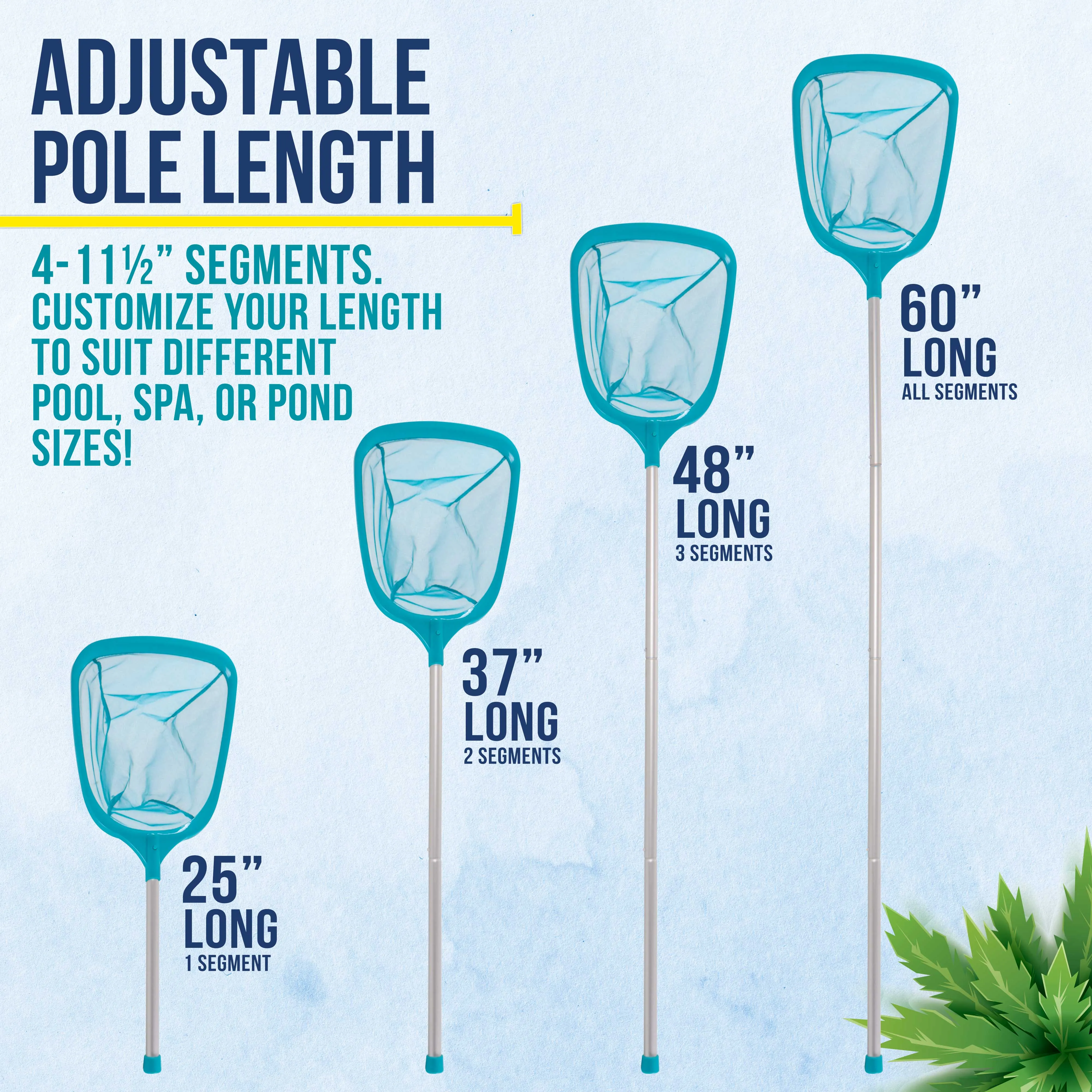 U.S. Pool Supply® Swimming Pool 5 Foot Leaf Skimmer Net with 4 Aluminum Pole Sections - 6" Deep Ultra Fine Mesh Netting Bag Basket for Fast Cleaning of Debris, 60" Long