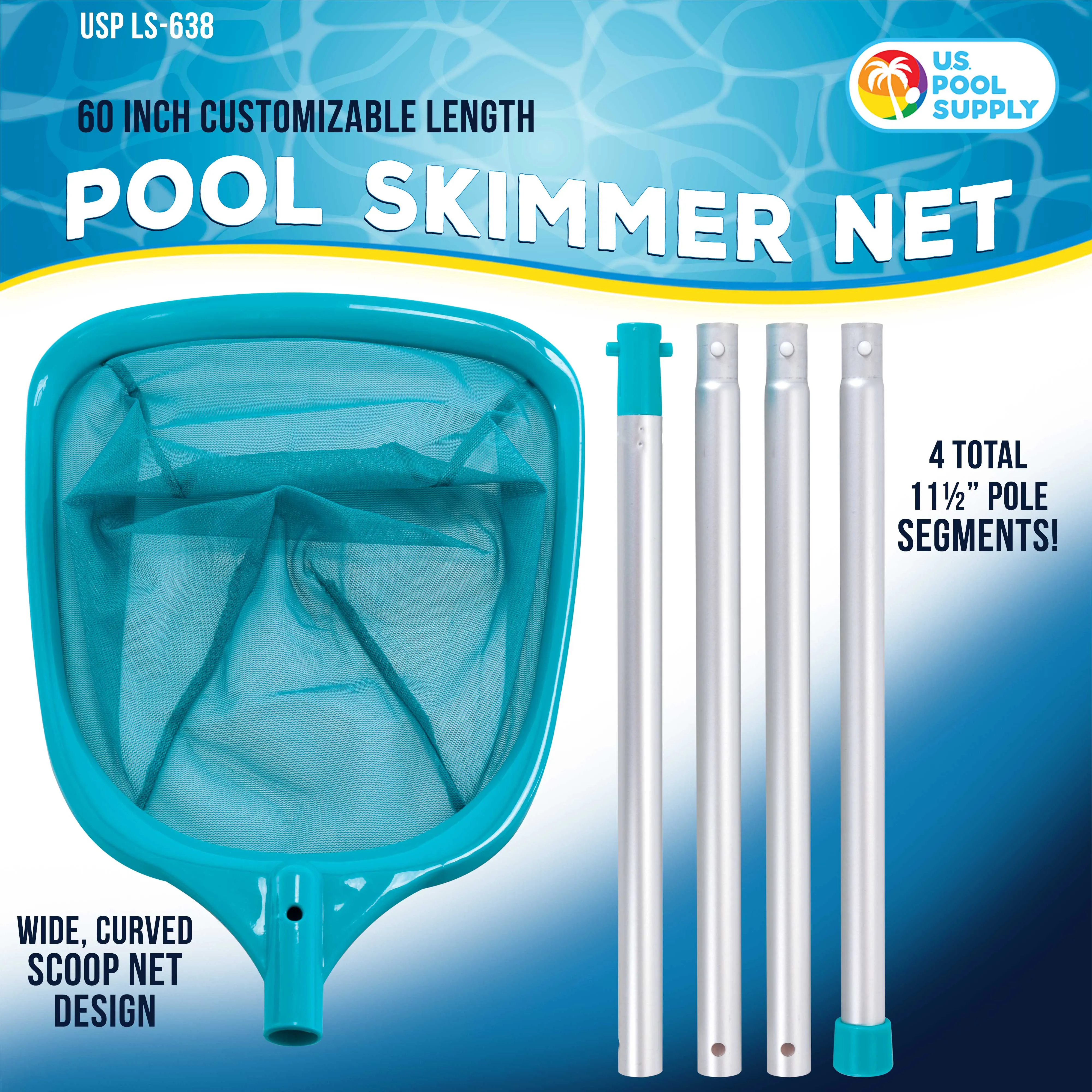 U.S. Pool Supply® Swimming Pool 5 Foot Leaf Skimmer Net with 4 Aluminum Pole Sections - 6" Deep Ultra Fine Mesh Netting Bag Basket for Fast Cleaning of Debris, 60" Long