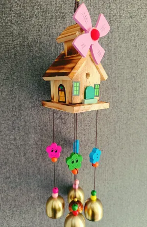 Ws Wind Chime For Home Positive Vibes|5 Brass Bells Hanging Wind Chime|Home Decor Items|Hut Wind Chime, Multi Color