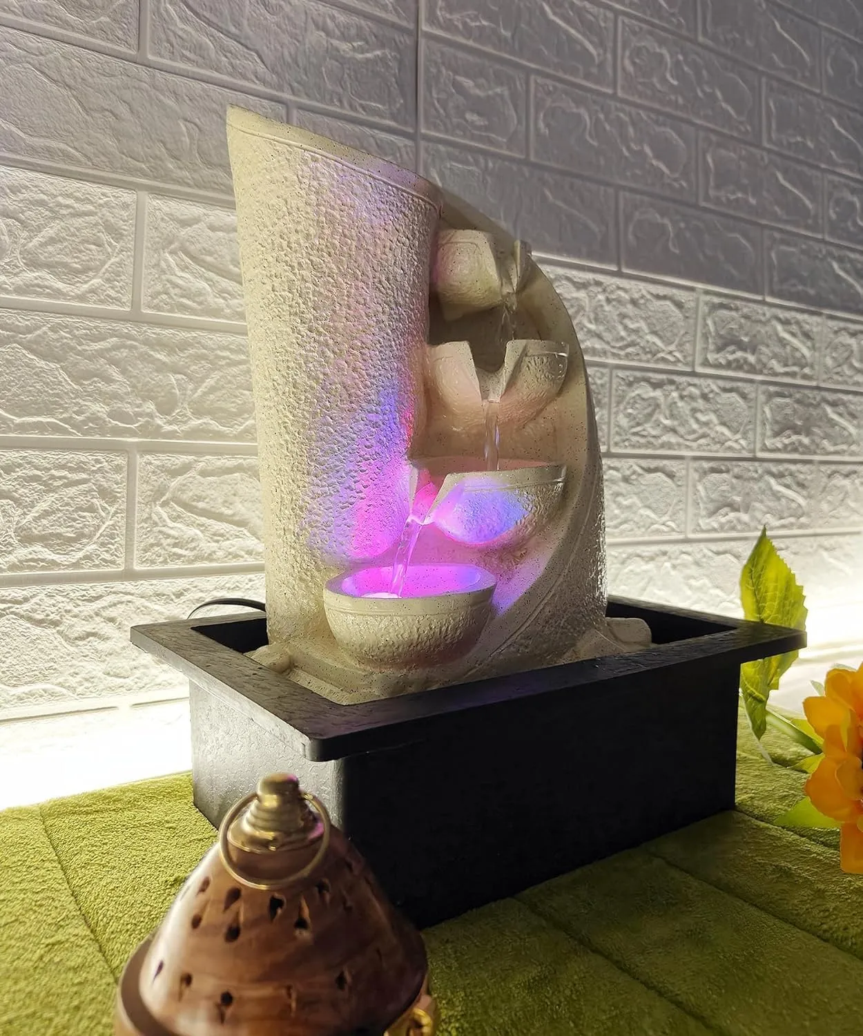 ZeniZeni Brown Polyresin Designer Table Top 4 Tier Waterfall Fountain (Size: 40 x 30 x 22 CM) Indoor Home Decor with Multicolour Lights and Water Flow Control Pump