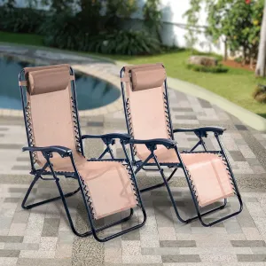 Zero Gravity Reclining Sun Loungers Weatherproof Beige Set of 2